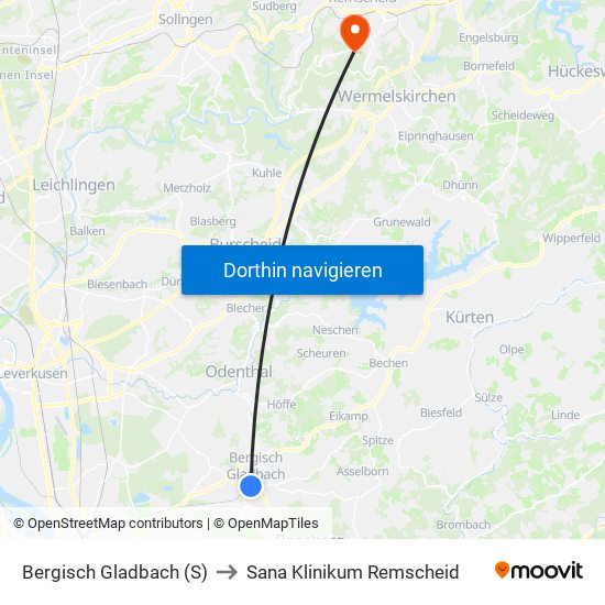 Bergisch Gladbach (S) to Sana Klinikum Remscheid map