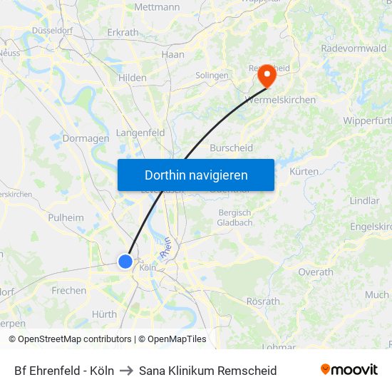 Bf Ehrenfeld - Köln to Sana Klinikum Remscheid map