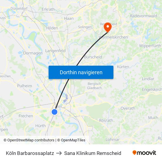 Köln Barbarossaplatz to Sana Klinikum Remscheid map