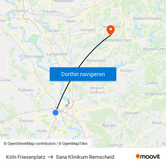 Köln Friesenplatz to Sana Klinikum Remscheid map