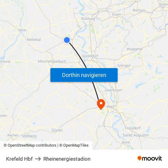 Krefeld Hbf to Rheinenergiestadion map