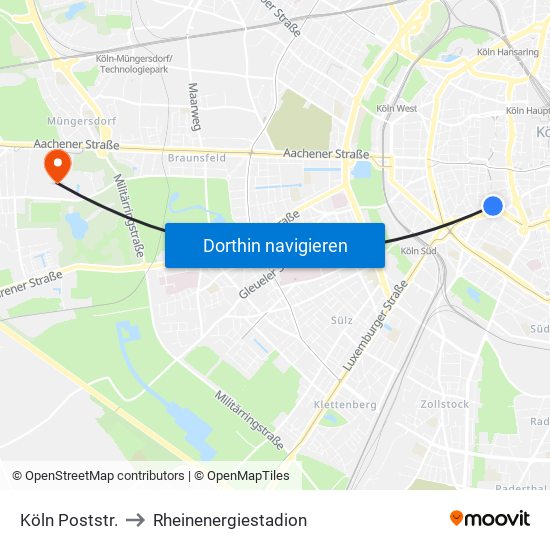 Köln Poststr. to Rheinenergiestadion map