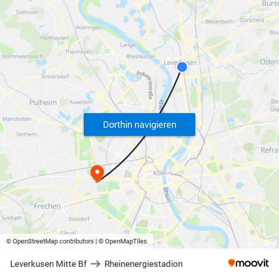 Leverkusen Mitte Bf to Rheinenergiestadion map