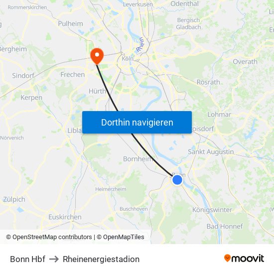 Bonn Hbf to Rheinenergiestadion map