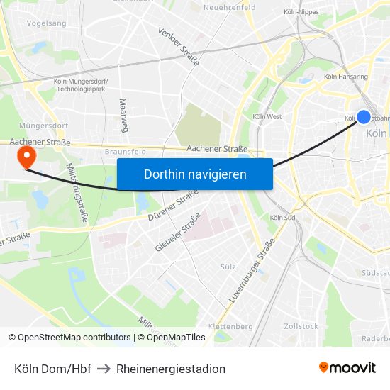 Köln Dom/Hbf to Rheinenergiestadion map