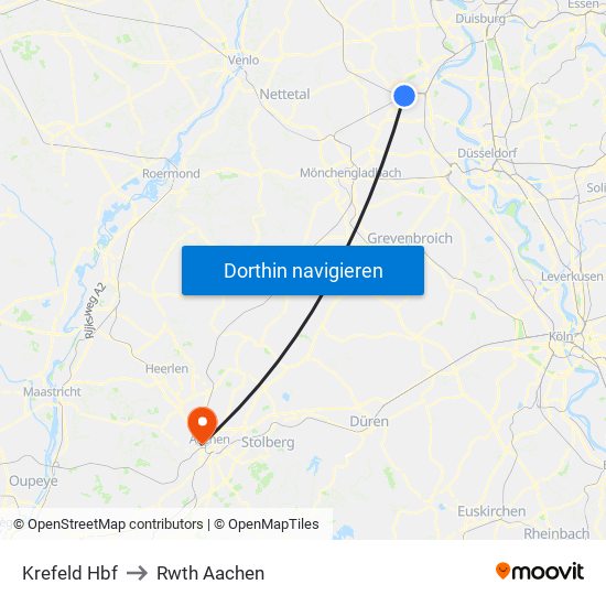 Krefeld Hbf to Rwth Aachen map