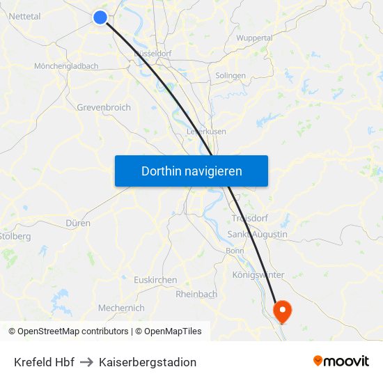 Krefeld Hbf to Kaiserbergstadion map