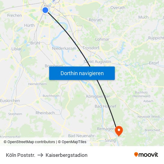 Köln Poststr. to Kaiserbergstadion map