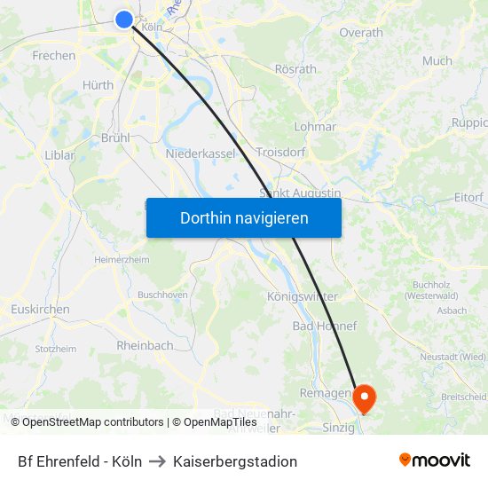 Bf Ehrenfeld - Köln to Kaiserbergstadion map