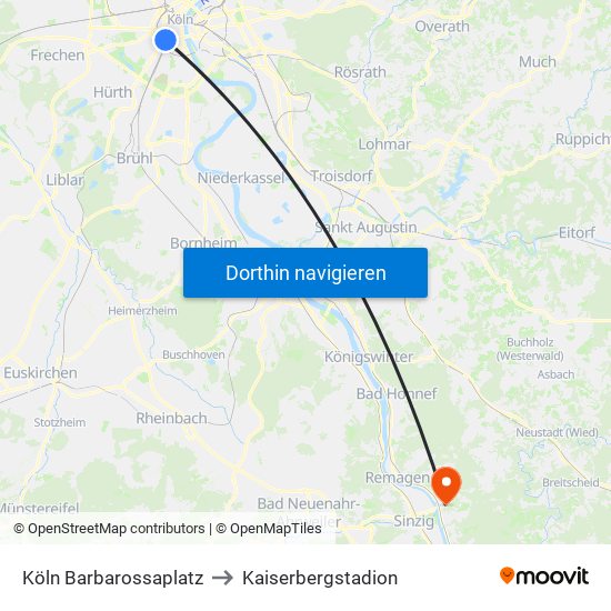 Köln Barbarossaplatz to Kaiserbergstadion map