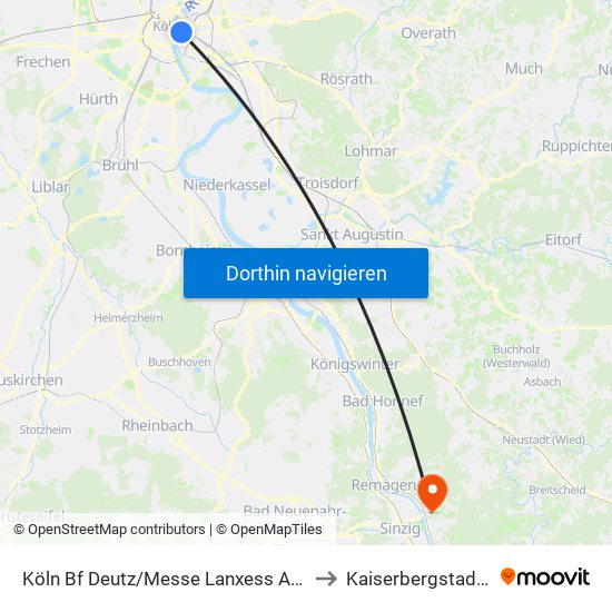 Köln Bf Deutz/Messe Lanxess Arena to Kaiserbergstadion map