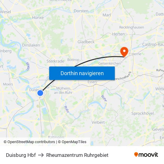 Duisburg Hbf to Rheumazentrum Ruhrgebiet map