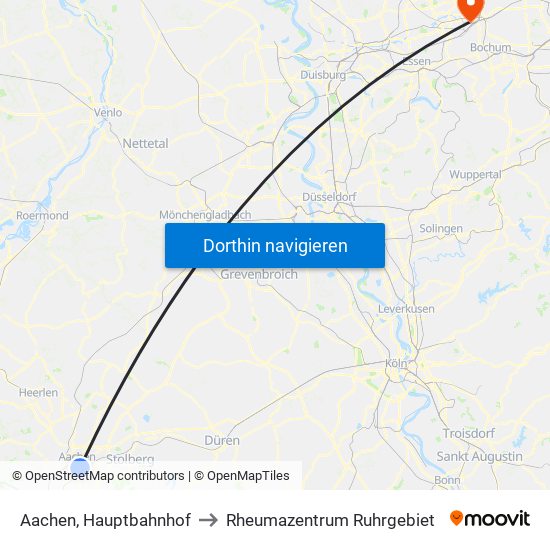 Aachen, Hauptbahnhof to Rheumazentrum Ruhrgebiet map