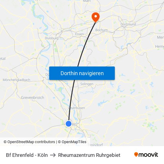 Bf Ehrenfeld - Köln to Rheumazentrum Ruhrgebiet map