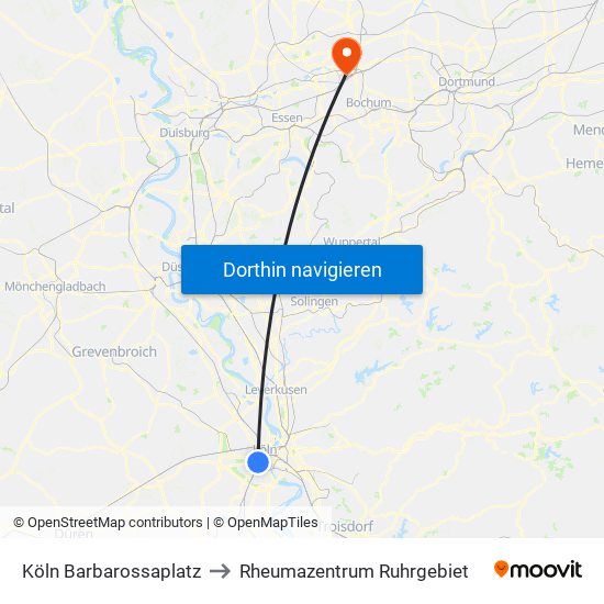 Köln Barbarossaplatz to Rheumazentrum Ruhrgebiet map