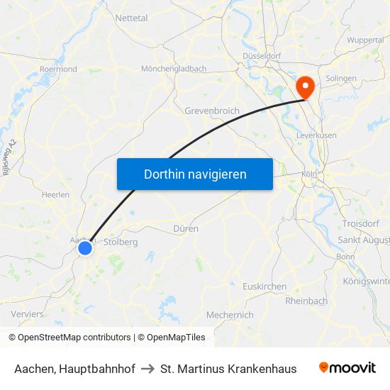 Aachen, Hauptbahnhof to St. Martinus Krankenhaus map