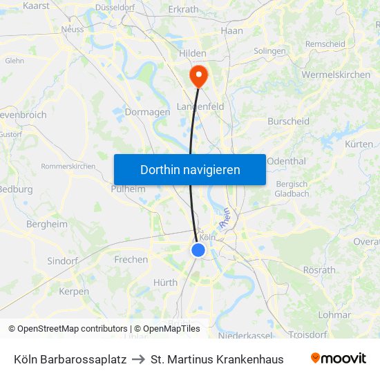 Köln Barbarossaplatz to St. Martinus Krankenhaus map