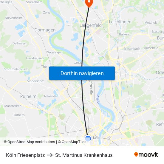 Köln Friesenplatz to St. Martinus Krankenhaus map