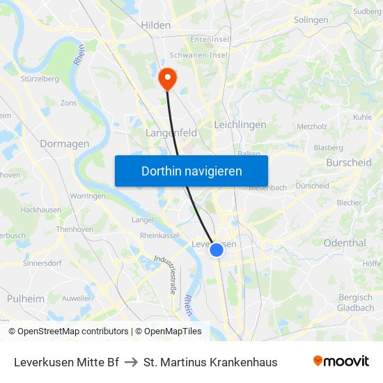 Leverkusen Mitte Bf to St. Martinus Krankenhaus map