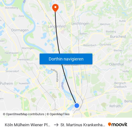 Köln Mülheim Wiener Platz to St. Martinus Krankenhaus map