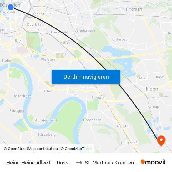 Heinr.-Heine-Allee U - Düsseldorf to St. Martinus Krankenhaus map