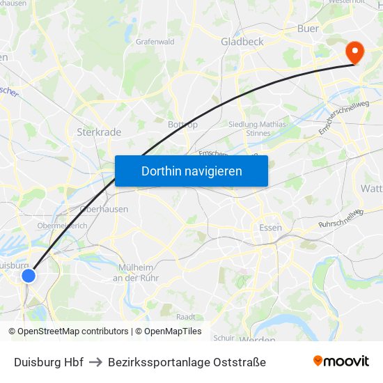 Duisburg Hbf to Bezirkssportanlage Oststraße map
