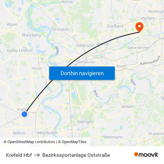 Krefeld Hbf to Bezirkssportanlage Oststraße map