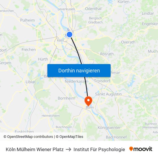 Köln Mülheim Wiener Platz to Institut Für Psychologie map