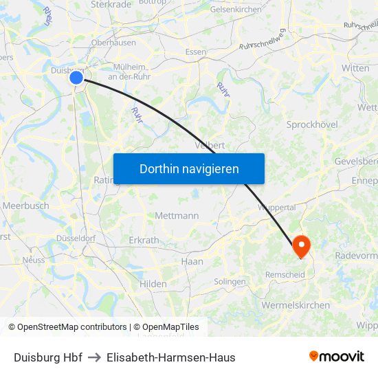Duisburg Hbf to Elisabeth-Harmsen-Haus map