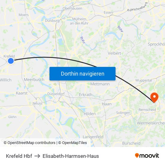 Krefeld Hbf to Elisabeth-Harmsen-Haus map