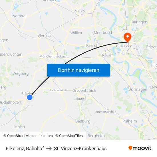 Erkelenz, Bahnhof to St. Vinzenz-Krankenhaus map