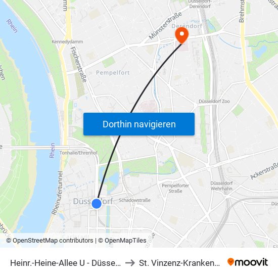 Heinr.-Heine-Allee U - Düsseldorf to St. Vinzenz-Krankenhaus map