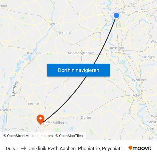 Duisburg Hbf to Uniklinik Rwth Aachen: Phoniatrie, Psychiatrische Tagesklinik Für Erwachsene Und Institutsambulanz map