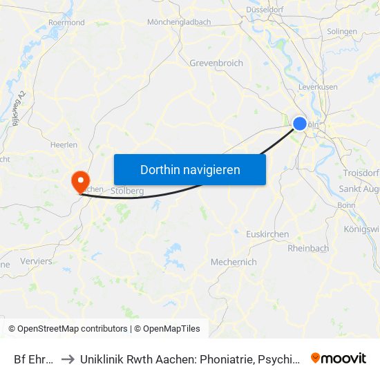 Bf Ehrenfeld - Köln to Uniklinik Rwth Aachen: Phoniatrie, Psychiatrische Tagesklinik Für Erwachsene Und Institutsambulanz map