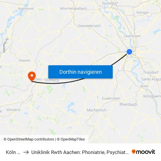 Köln Ebertplatz to Uniklinik Rwth Aachen: Phoniatrie, Psychiatrische Tagesklinik Für Erwachsene Und Institutsambulanz map