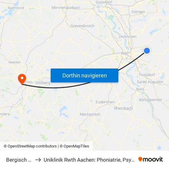 Bergisch Gladbach Bensberg to Uniklinik Rwth Aachen: Phoniatrie, Psychiatrische Tagesklinik Für Erwachsene Und Institutsambulanz map