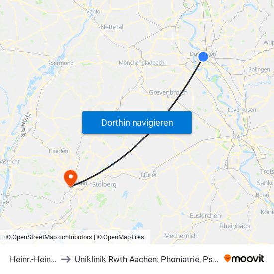 Heinr.-Heine-Allee U - Düsseldorf to Uniklinik Rwth Aachen: Phoniatrie, Psychiatrische Tagesklinik Für Erwachsene Und Institutsambulanz map