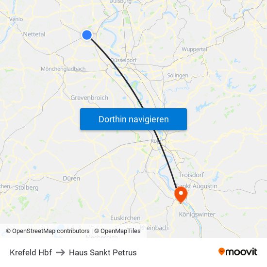 Krefeld Hbf to Haus Sankt Petrus map