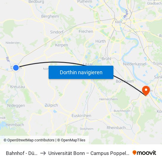 Bahnhof - Düren to Universität Bonn – Campus Poppelsdorf map