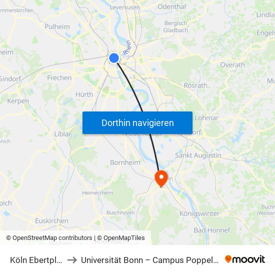 Köln Ebertplatz to Universität Bonn – Campus Poppelsdorf map