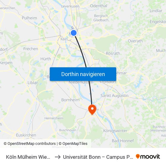 Köln Mülheim Wiener Platz to Universität Bonn – Campus Poppelsdorf map