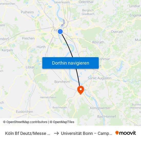 Köln Bf Deutz/Messe Lanxess Arena to Universität Bonn – Campus Poppelsdorf map