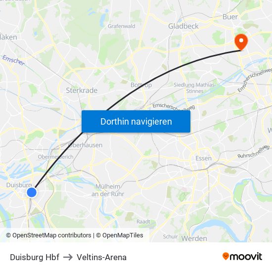 Duisburg Hbf to Veltins-Arena map