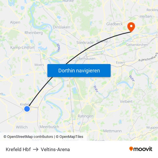 Krefeld Hbf to Veltins-Arena map