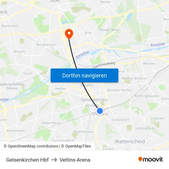 Gelsenkirchen Hbf to Veltins-Arena map