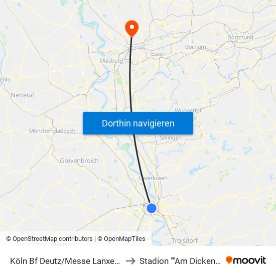 Köln Bf Deutz/Messe Lanxess Arena to Stadion ""Am Dicken Stein"" map