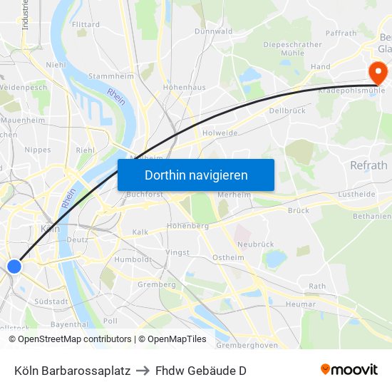 Köln Barbarossaplatz to Fhdw Gebäude D map