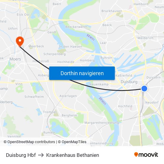 Duisburg Hbf to Krankenhaus Bethanien map