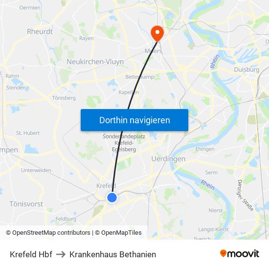 Krefeld Hbf to Krankenhaus Bethanien map