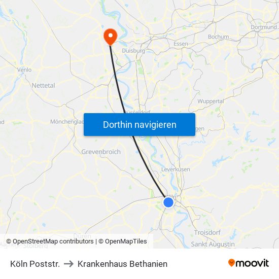 Köln Poststr. to Krankenhaus Bethanien map